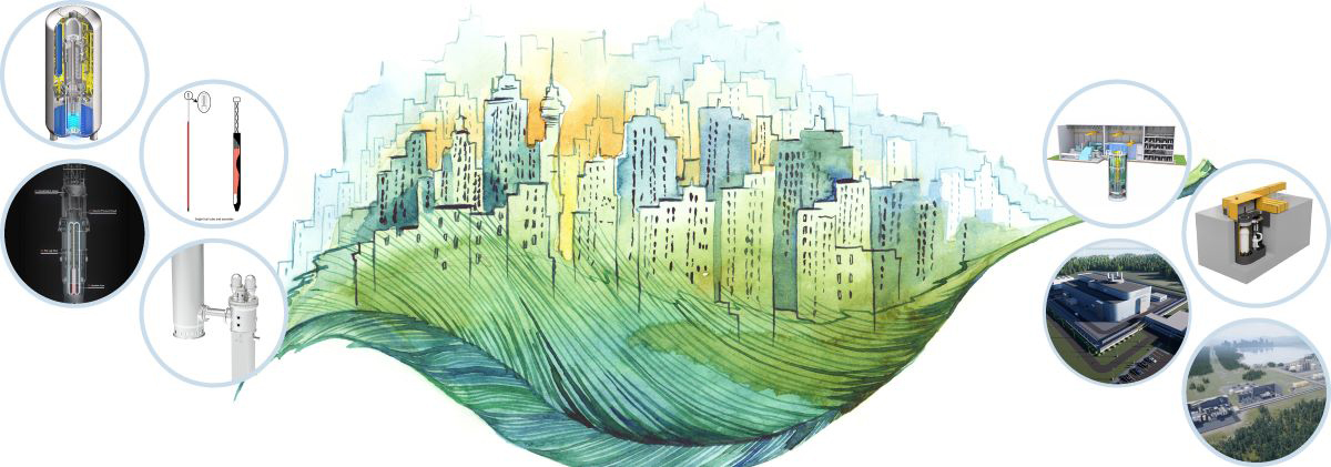 Watercolour leaf and skyline illustration with SMR designs inset